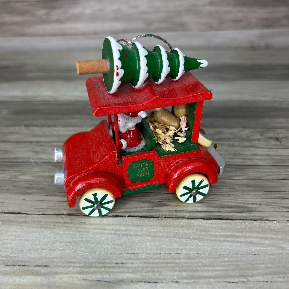 Kurt Adler Christmas Ornament Wooden Santas Deer Farm Car Hanging Vintage 80s